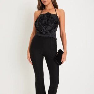 Lulus Remarkably Chic Black Satin Rosette Halter Top Medium NWT
